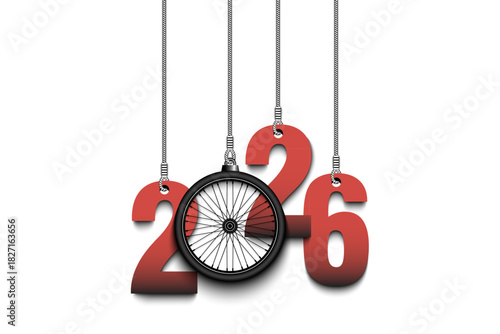 Numbers 2026 and bike wheel as a Christmas decorations are hanging on strings. New Year 2026 are hang on cords. Template design for greeting card. Vector illustration on isolated background