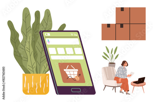 Digital shopping platform on smartphone screen, potted plants, cartons, woman reading document. Ideal for online retail, e-commerce, delivery, logistics, home shopping technology trends modern