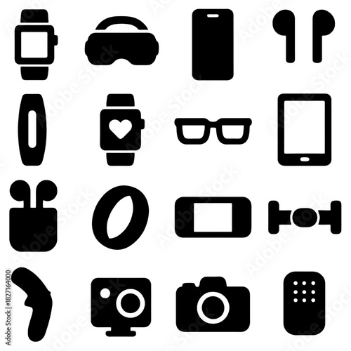 Tech Gadget Icons: A collection of various modern technology devices and gadgets in a sleek, minimalist style. From smartphones to smartwatches, these icons represent the latest in digital innovation.