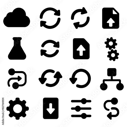 Digital Icons: Set of interconnected digital icons, symbols of modern digital environment, covering cloud storage, file uploading, system process, setting controls, and synchronization. 
