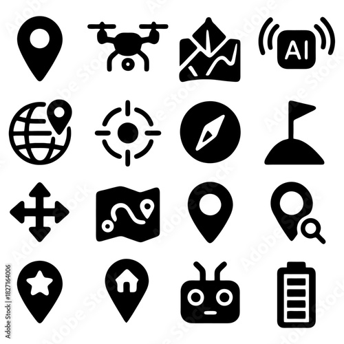 Navigational Icons: A collection of black navigation icons and elements, including a drone, map, location pin, and globe, set against a transparent backdrop. Capturing information technology essence 