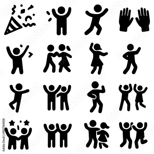 Iconic Celebrations: A diverse collection of minimalist icons captures various moments of jubilation and shared experiences, including people cheering, dancing, and celebrating.