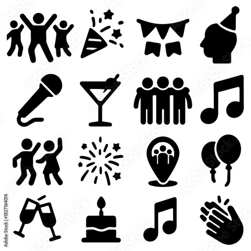 Celebration Icon Set: This illustration offers a diverse array of celebration icons, capturing various elements essential to festivities.