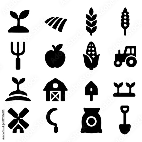 Rural Life Iconography: A collection of meticulously designed icons representing agricultural elements, conveying a visual narrative of farming, nature and cultivation.