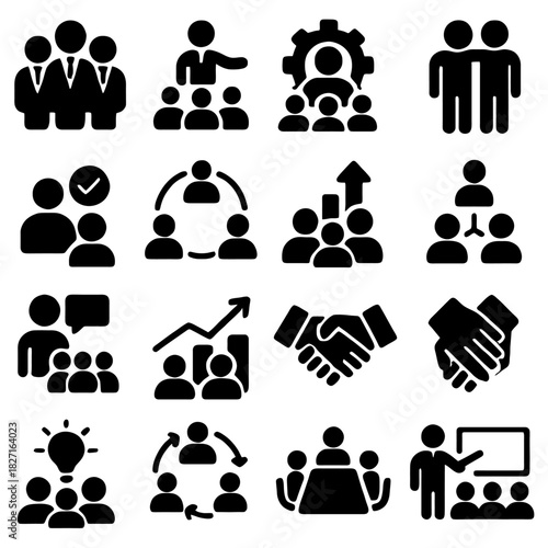 Team Icons for Success: A collection of concise icons showcasing essential business concepts such as teamwork, collaboration, and leadership.