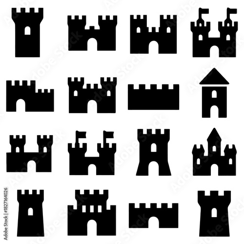 Medieval Fortress Silhouettes: A collection of meticulously crafted, silhouetted representations of imposing medieval fortresses, showcasing their unique architectural elements. 