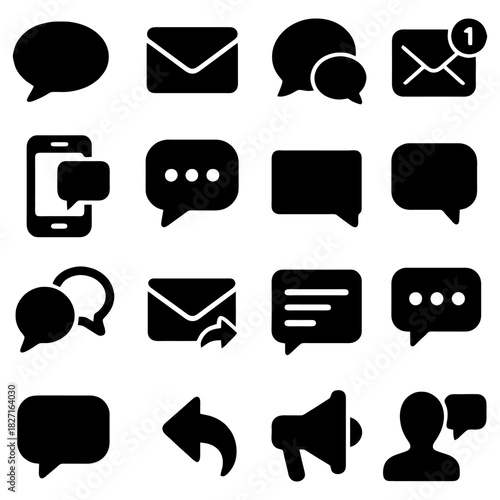 Digital Communication Icons: A sleek collection of black and white icons representing diverse forms of modern digital communication.
