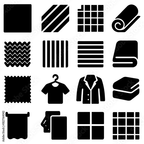 Textile Texture Set: A detailed collection of fabric designs, including patterns, clothes, and rolled textures. capturing diverse fabric patterns in monochrome graphic form.