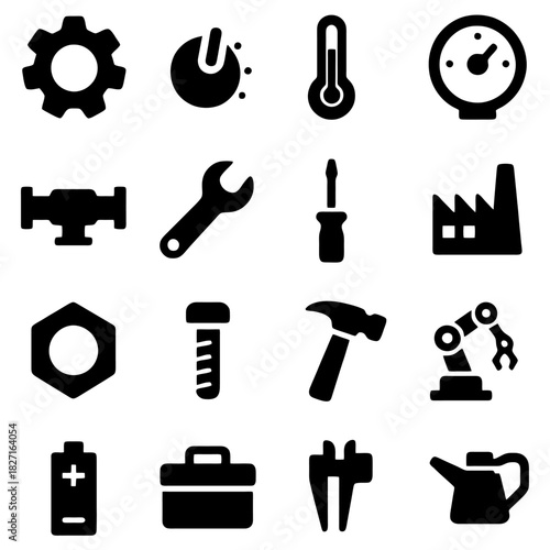 Industrial Symbols: A collection of various industrial icons showcasing diverse elements such as gears, power buttons, thermometers, pressure gauges, and more.