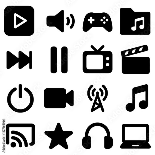 Media Icon Set: A collection of various icons representing the digital world, perfect for web design, app interfaces, and digital projects.