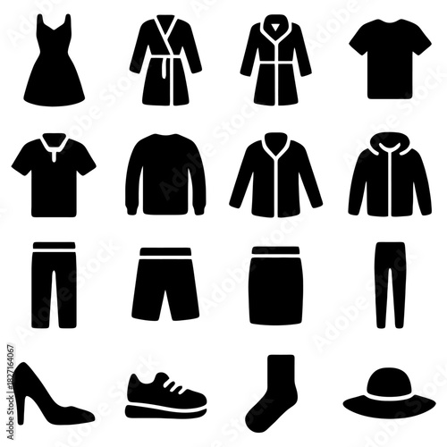 Fashion Essentials: A collection of various apparel items, each meticulously depicted in a sleek monochrome style, including dresses, shirts, jackets, pants, shoes, and accessories.