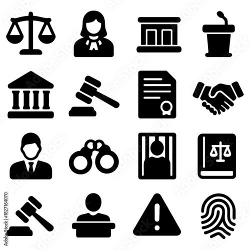 Legal Iconography: A collection of meticulously crafted, stark black icons represents the fundamental elements of the legal profession, designed to embody justice, law and order, and jurisprudence