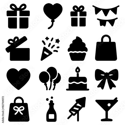 Celebration Icons: A collection of various celebration-themed icons. Including Gift box, Heart-shaped Balloon, Party Flags, Gift Box, Confetti Popper, Cupcake, Gift Bag, Heart, Balloons.