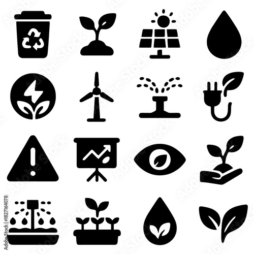 Eco-Friendly Icon Set: A comprehensive collection of ecological icons symbolizes sustainable practices and environmental responsibility.