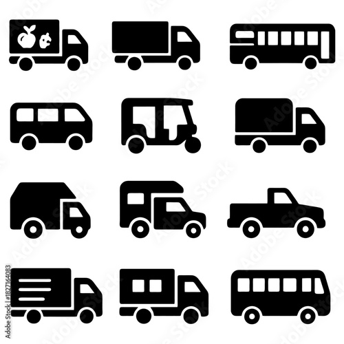 Transport Icons: A collection of various transport vehicle icons is displayed, including a bus, truck, car, and van. These minimalist icons represent a variety of transport modes.