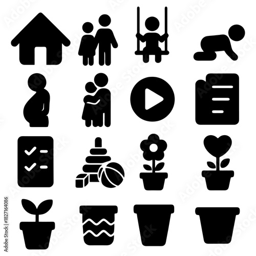 Family and Childhood Icon Set: A collection of simple, universal icons representing various aspects of family life, childhood, and growth, designed with a clean, modern aesthetic. 