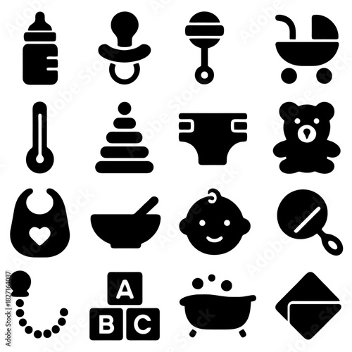 Essential Baby Items: A collection of meticulously crafted silhouette icons showcases a diverse array of essential items for infants, capturing the essence of early childhood.