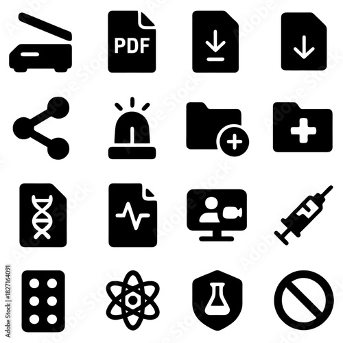 Digital Icons: Collection of simple, vector-based symbols for document management, medical, scientific, and web applications. 