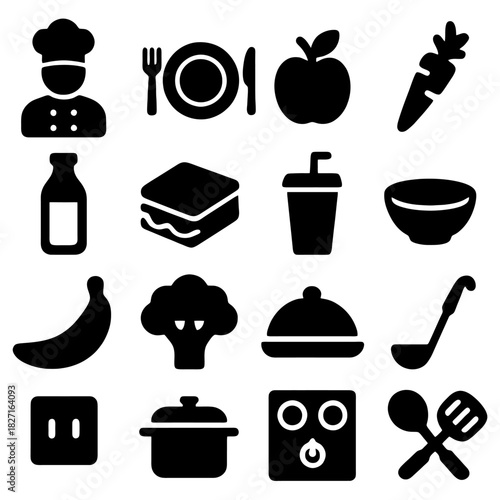 Culinary Icons: A delightful assortment of culinary icons, perfectly capturing the essence of the dining experience, from fresh ingredients to professional cooking tools.