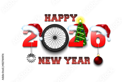 Happy new year. 2026 with wheel bike. Numbers in Christmas hats with Christmas tree ball. Original template design for greeting card. Vector illustration on isolated background