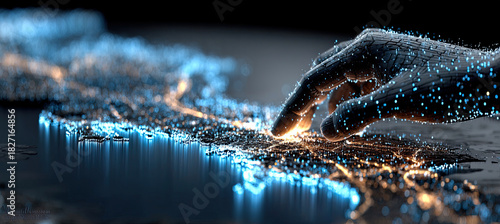 Digital hand interacting global data network map. Generated with ia