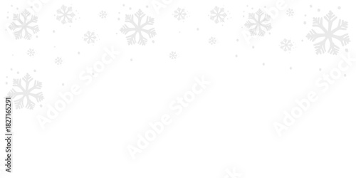 Light gray stylized snowflakes falling from the top edge on a pure white background.