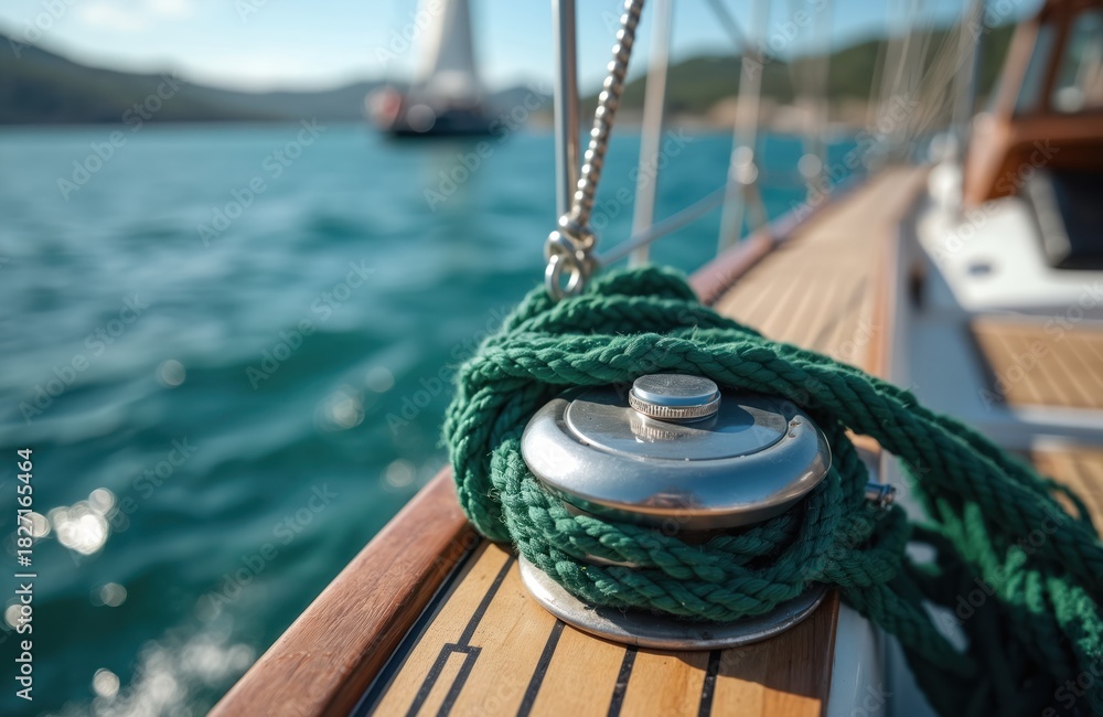 Fototapeta premium Closeup of green rope coiled on sailing winch. Yacht deck with wooden planks, blue ocean water, blurred boat in distance. Nautical equipment detail.
