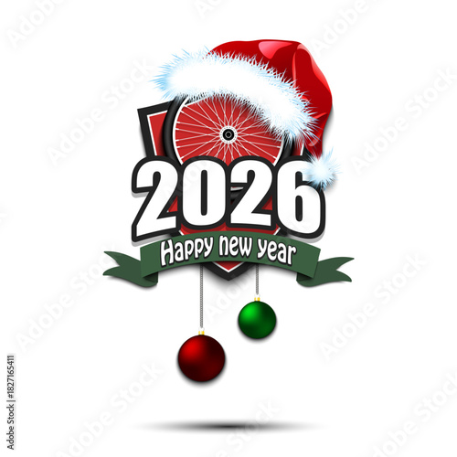 Happy new year 2026. Bicycle logo template design. Bike wheel in santa hat. Design pattern for greeting card, banner, poster. Vector illustration on isolated background