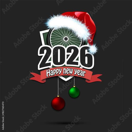 Happy new year 2026. Bicycle logo template design. Bike wheel in santa hat. Design pattern for greeting card, banner, poster. Vector illustration on isolated background