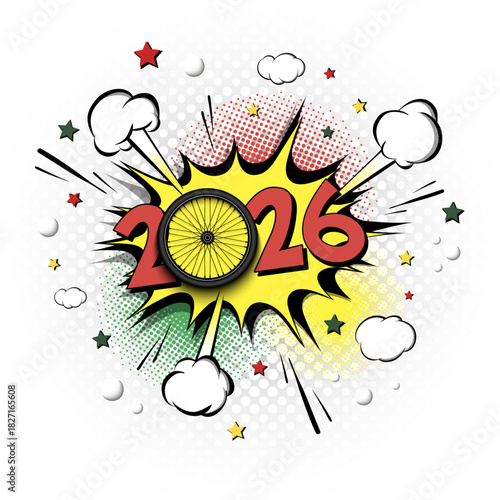 New Year numbers 2025 and bike wheel in pop art style. Comic text on speech bubbles background. Sound effect. Design Pattern for greeting card, banner, vintage comics, poster. Vector illustration