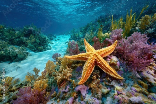 Fototapeta Naklejka Na Ścianę i Meble -  Underwater shot of a starfish on a coral reef vibrant marine life