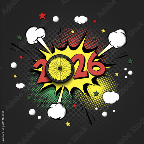 New Year numbers 2025 and bike wheel in pop art style. Comic text on speech bubbles background. Sound effect. Design Pattern for greeting card, banner, vintage comics, poster. Vector illustration