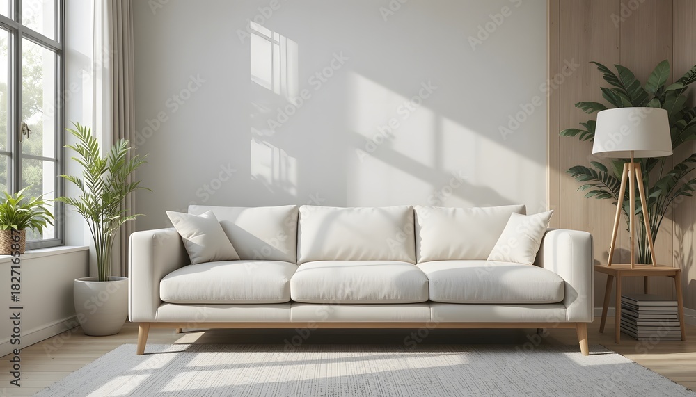 Fototapeta premium Stylish modern living room interior with comfortable couch and natural light, perfect for home decor inspiration or real estate design, feel the warmth