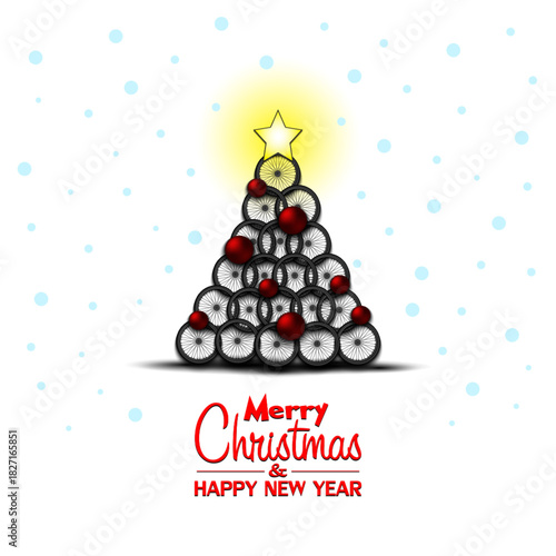 Merry Christmas and Happy New Year. Christmas tree made of bike wheels. Snowflakes on the background. Greeting card design template with for new year. Vector illustration