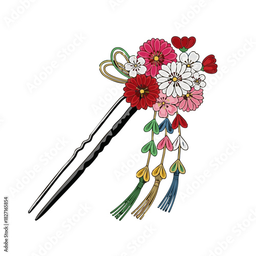 Decorative kanzashi hair ornament featuring colorful flowers and ribbons  