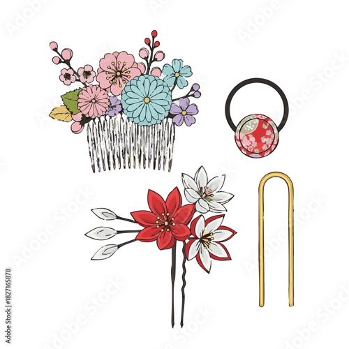 Colorful Japanese hair accessories featuring flowers and decorative pins  