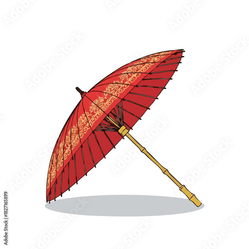 Red decorative umbrella with intricate design symbolizing Coming of Age Day  