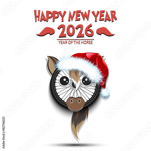 Happy New year. 2026 year of the horse. Cute muzzle horse in the form of a bike wheel. Bike wheel in the form of a horse. Greeting card design template. Vector illustration