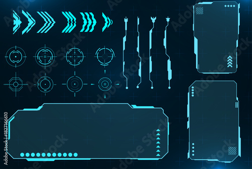 Futuristic frame for target screen and border aim control panel HUD, GUI, UX interface screen design. Virtual reality. Futuristic VR Head-up Display Design. Sci-Fi Helmet HUD. Future Technology
