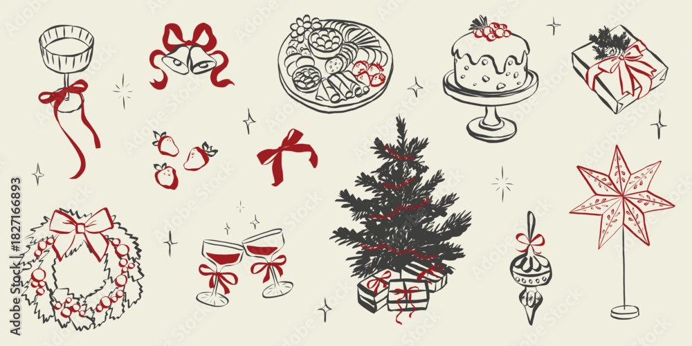 Naklejka premium Hand-drawn Christmas celebration scene with festive champagne glasses, elegant ribbons, vintage holiday treats, gift boxes, and whimsical chalk-style sketches