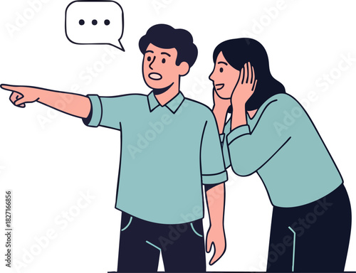 Man pointing and woman listening intently to a secret