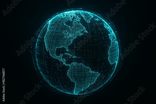 Blue globe with a grid of lines on it. The globe is surrounded by a dark background