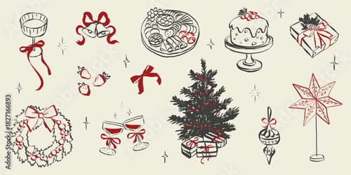 Hand-drawn Christmas celebration scene with festive champagne glasses, elegant ribbons, vintage holiday treats, gift boxes, and whimsical chalk-style sketches