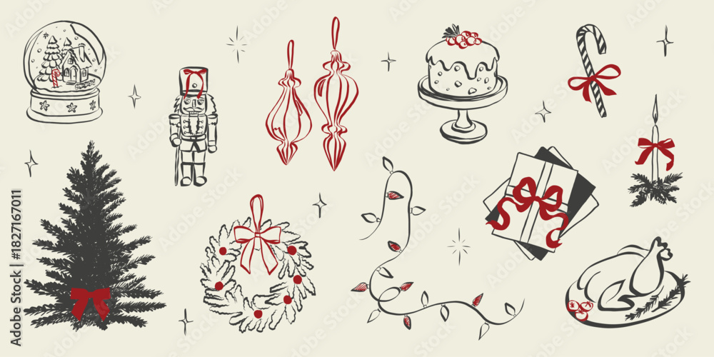 Naklejka premium Festive chalk sketches showcase Christmas celebration with gift ribbons, holiday dinner table, vintage menu cards, and whimsical seasonal decorations