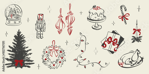 Festive chalk sketches showcase Christmas celebration with gift ribbons, holiday dinner table, vintage menu cards, and whimsical seasonal decorations