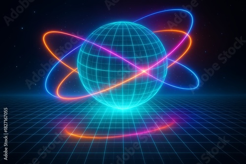 Glowing sphere with three colorful rings surrounding it. The sphere is surrounded by a blue background. Concept of wonder and excitement