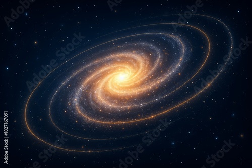Spiral galaxy with a bright yellow center. The galaxy is surrounded by a dark blue background. The galaxy appears to be in motion