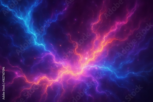Colorful, swirling galaxy of purple, blue, and orange lights. The colors are vibrant and the image is full of energy