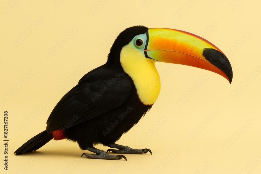 Naklejka premium Black and yellow bird with a long beak stands on a yellow background. The bird is looking directly at the camera
