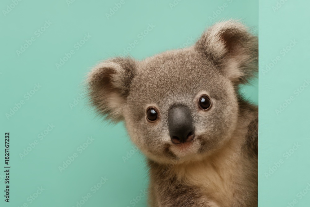 Fototapeta premium Baby koala is looking at the camera with a big smile on its face. The image has a cheerful and playful mood, as the baby koala seems to be enjoying the moment